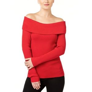 Michael Kors Off-the-Shoulder Red Ribbed Sweater